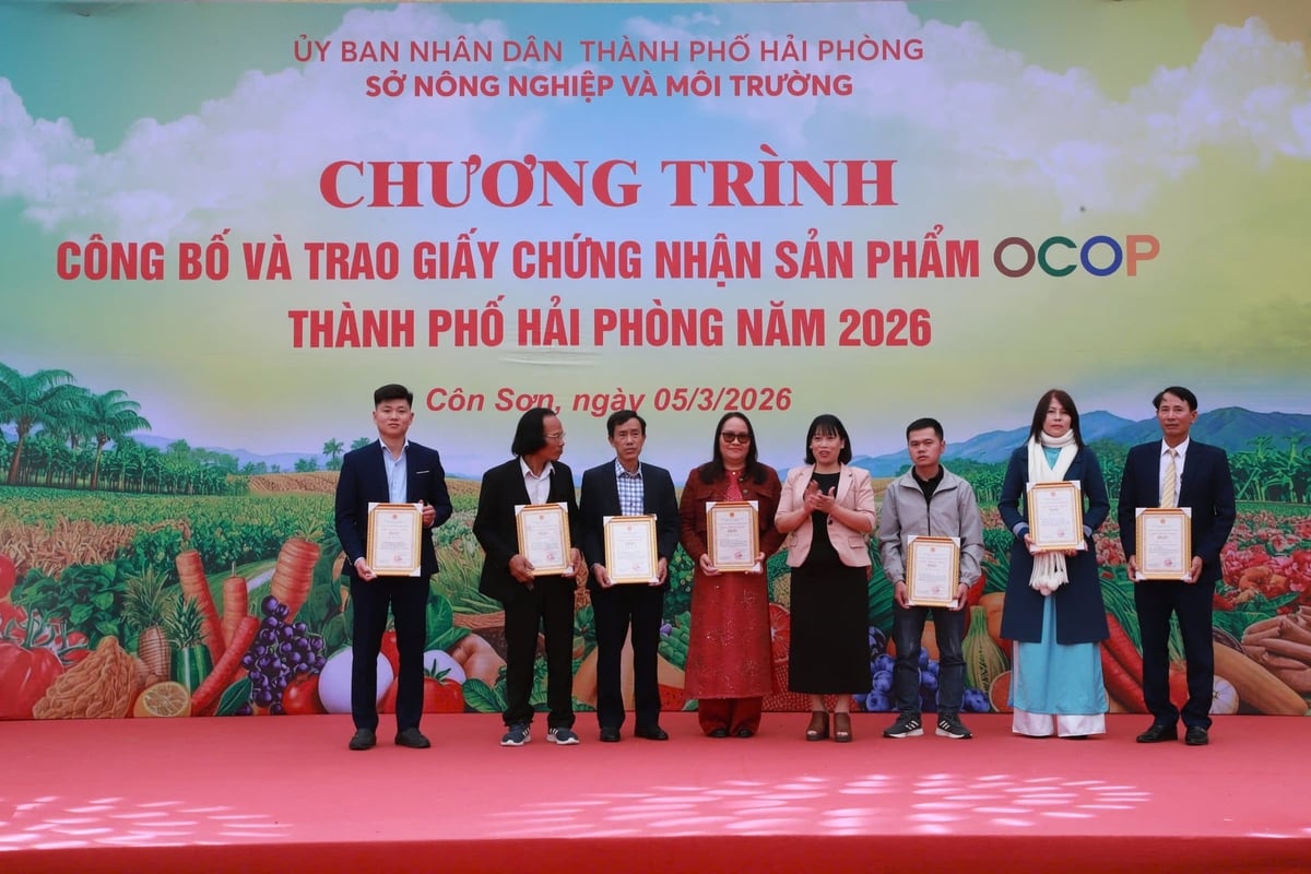 Lãnh đạo Sở Nông nghiệp và Môi trường TP Hải Phòng trao giấy chứng nhận sản phẩm OCOP 4 sao, đợt 1 năm 2026 cho 7 chủ thể. Ảnh: Hoàng Phong.